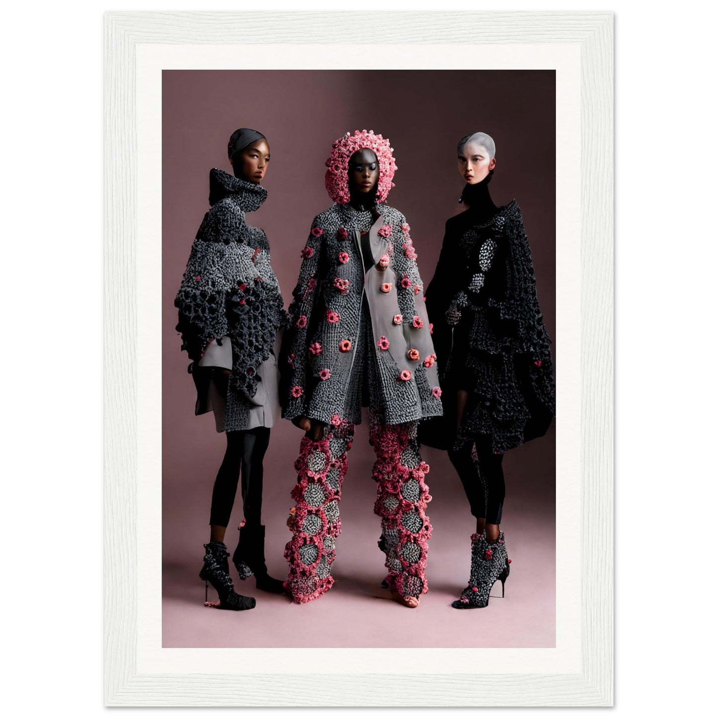 Three models wearing avant-garde knitwear designs in dark and floral patterns.