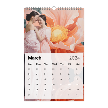 The text will be: A "Flowers Are Magic - Wall calendar (2024)" featuring artwork of two women surrounded by vibrant flowers.