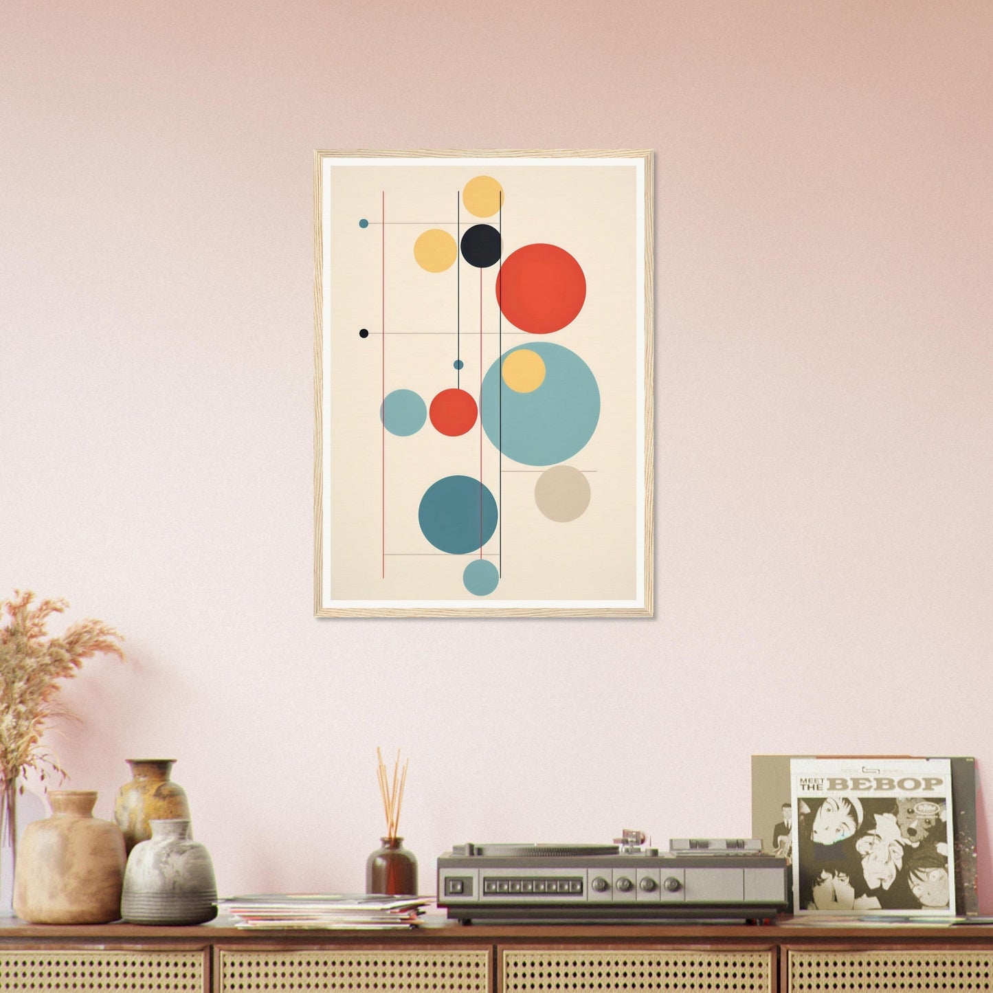 Abstract geometric artwork featuring colorful circles and lines in a minimalist composition.