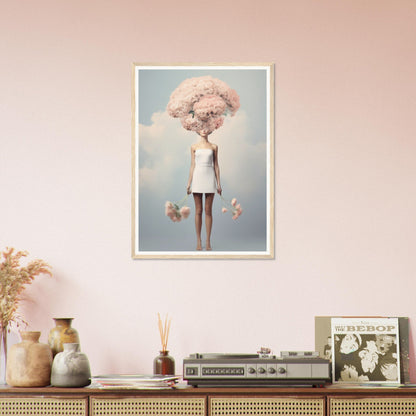 Surreal artwork depicting a figure with a cloud-like head wearing a white dress.