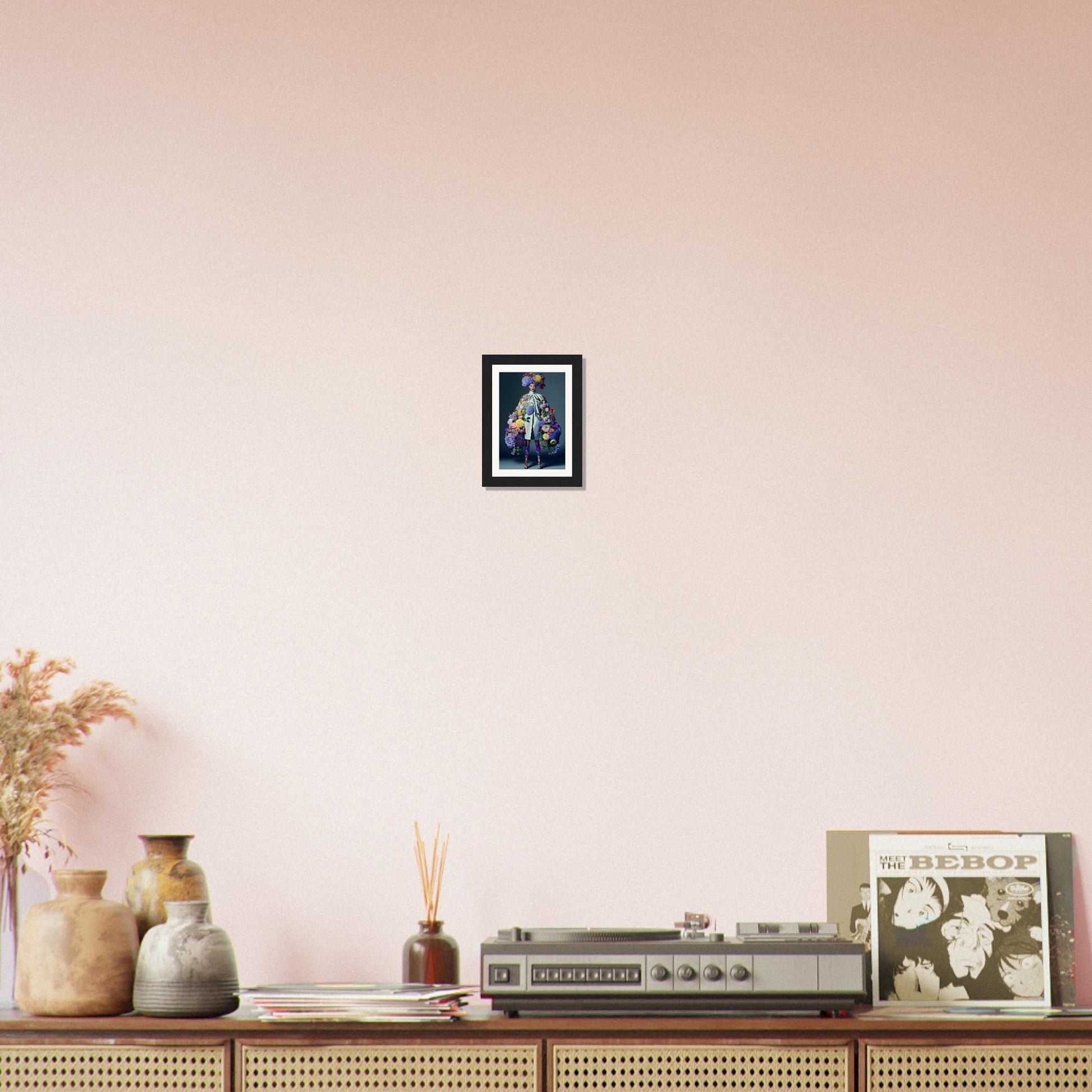 Decorative shelf displaying various home decor items, including vases, a framed picture, and a vintage radio.