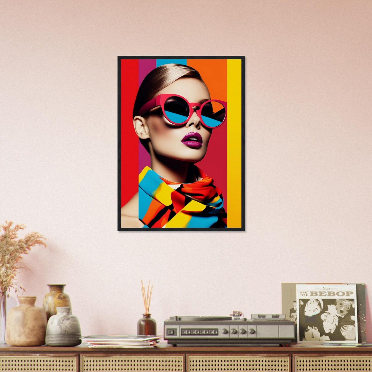 Vibrant pop art-style portrait of a woman wearing colorful sunglasses and makeup against a bold background.