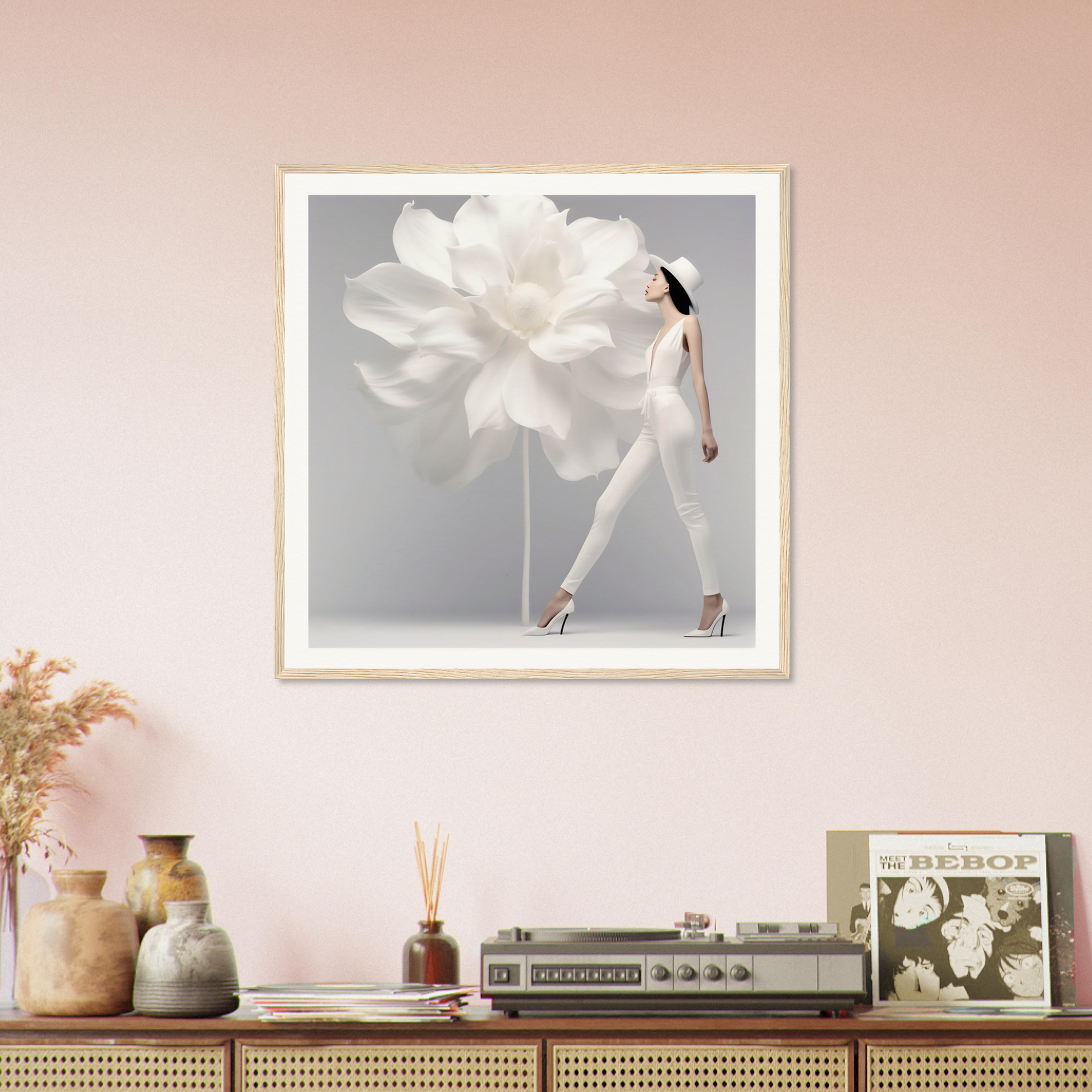 A woman is standing next to a large White On White On White The Oracle Windows™ Collection flower, creating an ai generated art poster for my wall.