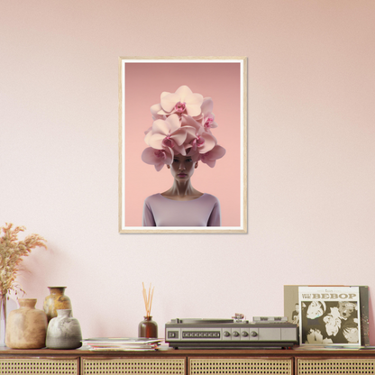 An image of a woman with the Pink On Pink Orchid Flower Head The Oracle Windows™ Collection on her head, perfect for a fashion wall art poster for my wall.