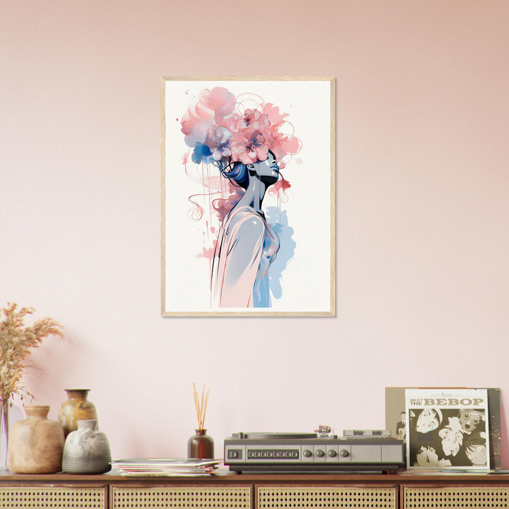 An illustration of a woman with flowers on her head, perfect for the Feminine Frames The Oracle Windows™ Collection poster on my wall.