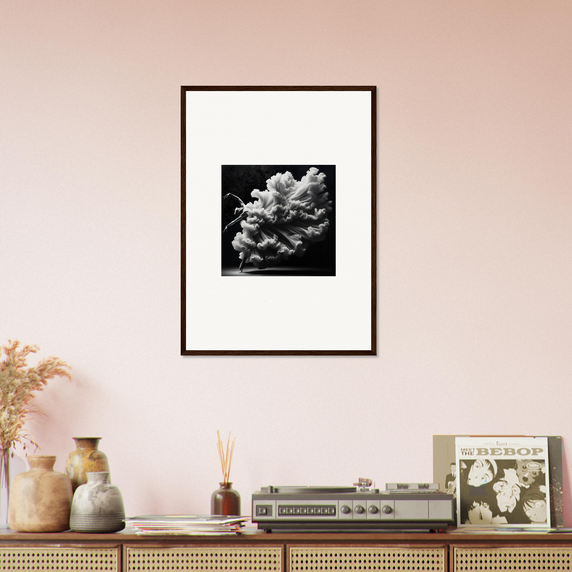 Framed black and white photograph of a cloud-like formation against a dark background.