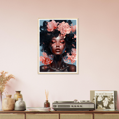 Framed portrait of a woman with flowers in her hair against a dark background.