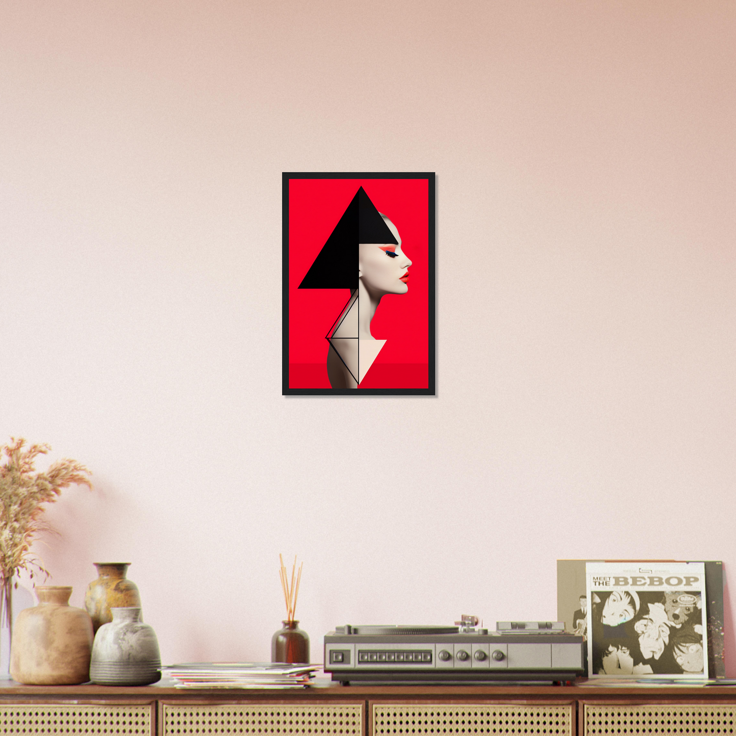 Framed red and black graphic artwork featuring a stylized profile portrait.