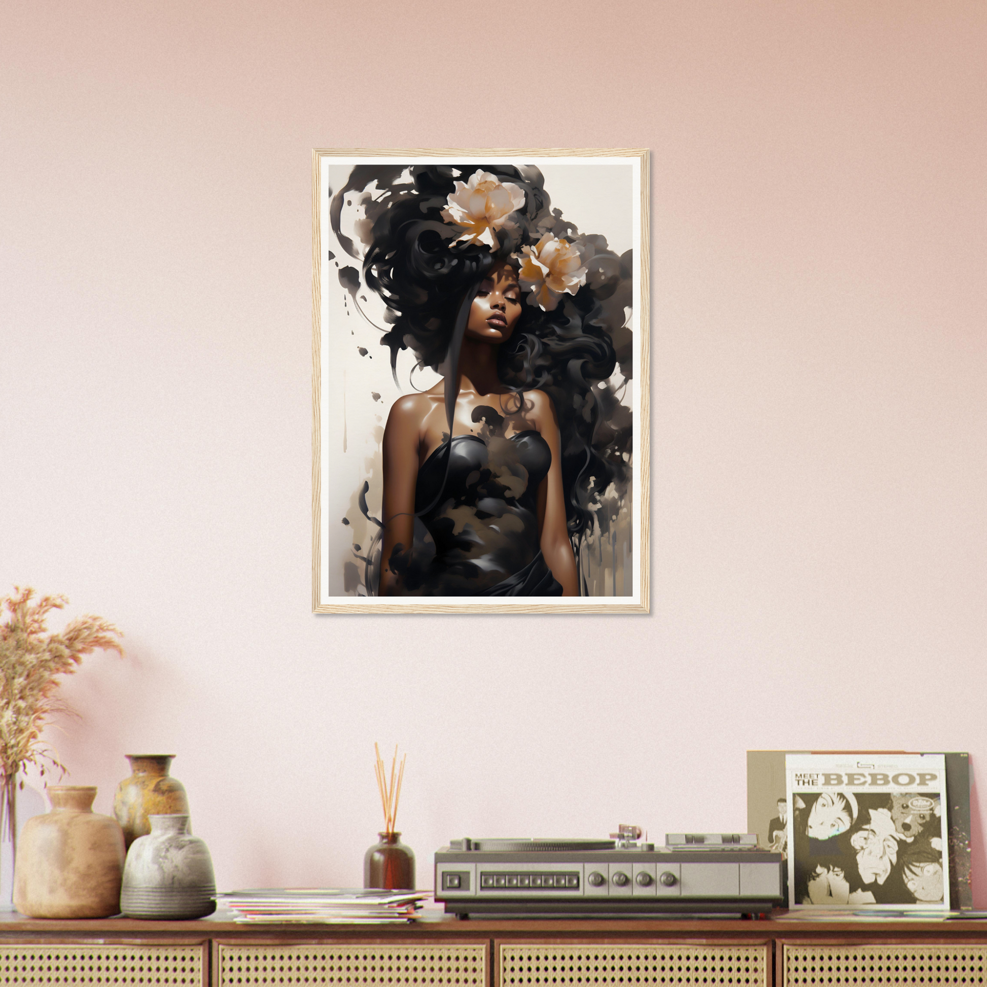 Artistic portrait of a woman with flowers in her hair, rendered in a mix of realistic and abstract styles.