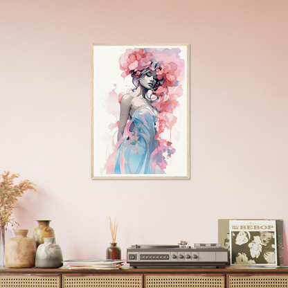 Framed watercolor painting of a woman with pink floral elements.