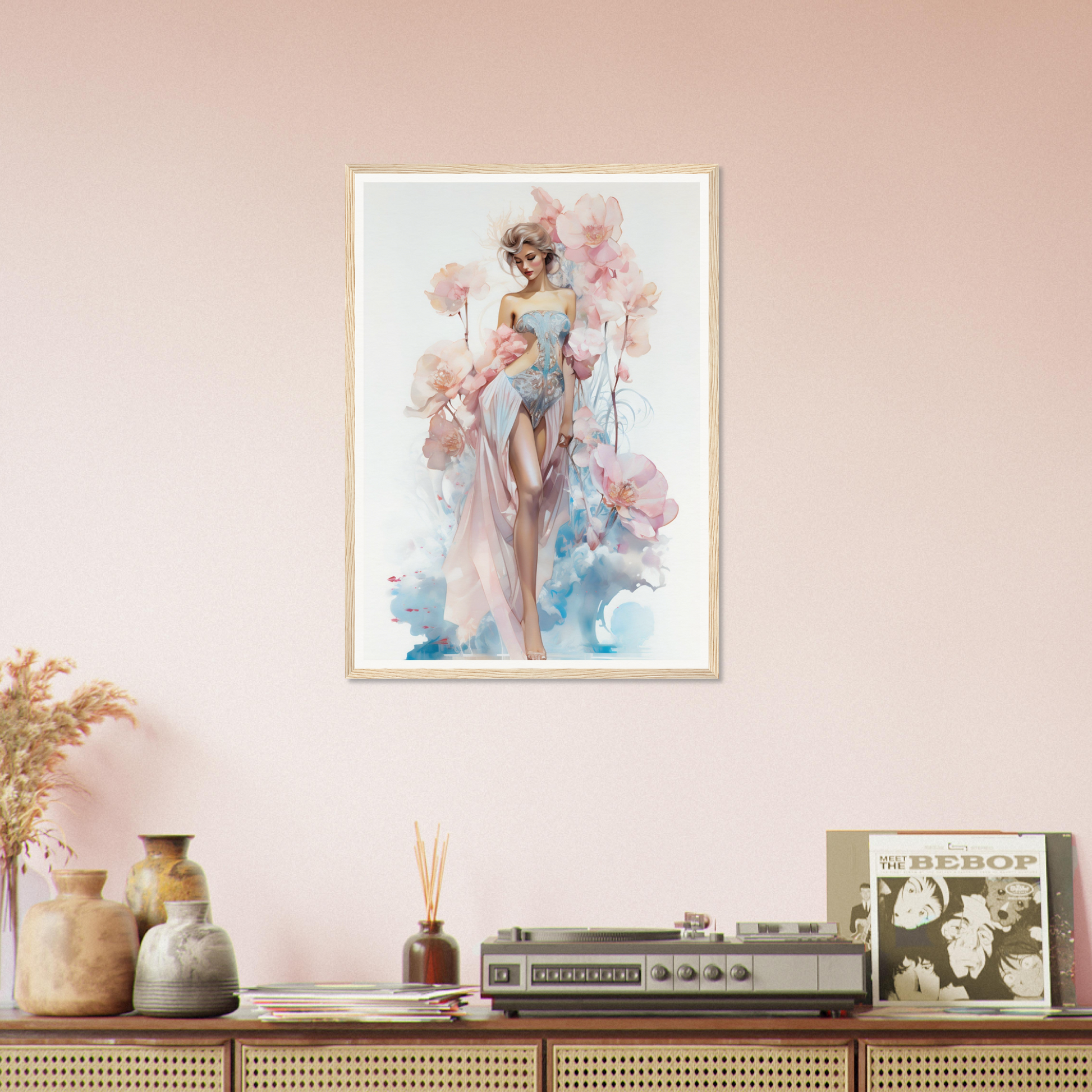 Framed watercolor painting of a woman in a flowing dress with soft pastel colors.