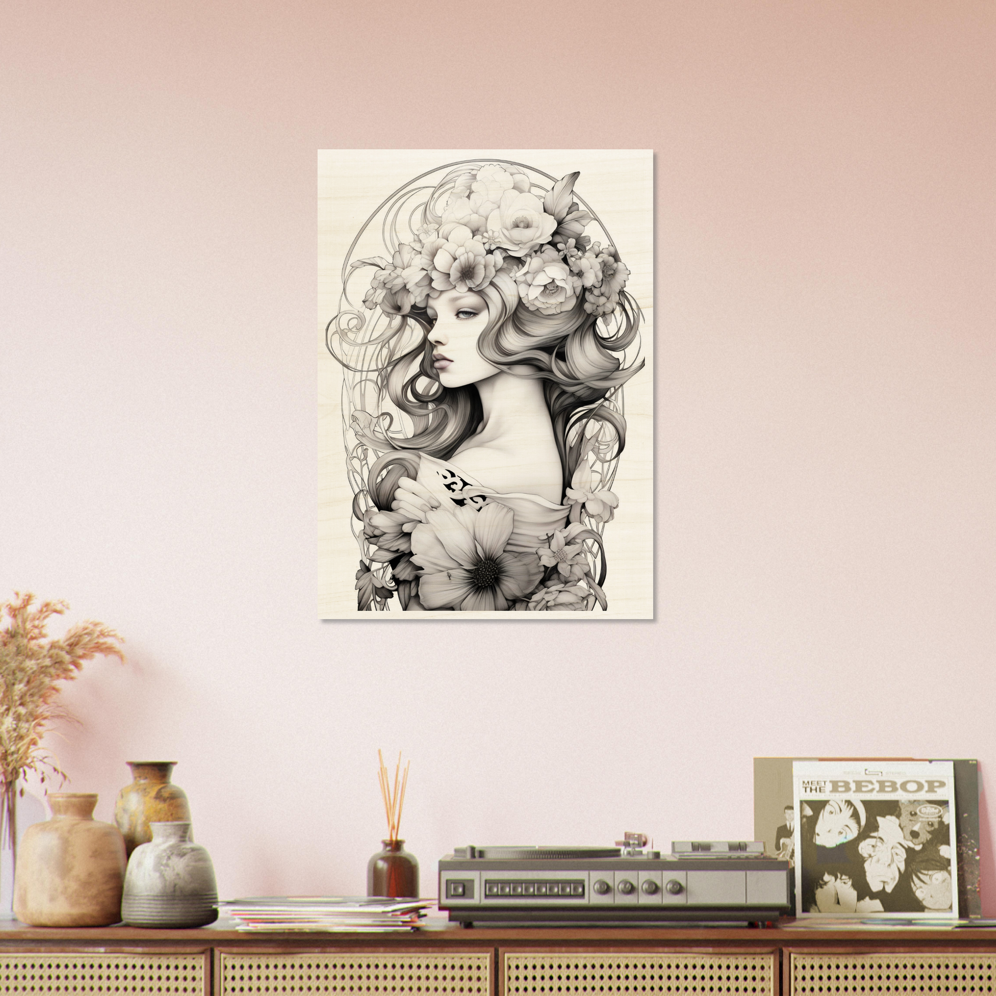 Framed black and white illustration of a woman with flowing hair and floral elements.