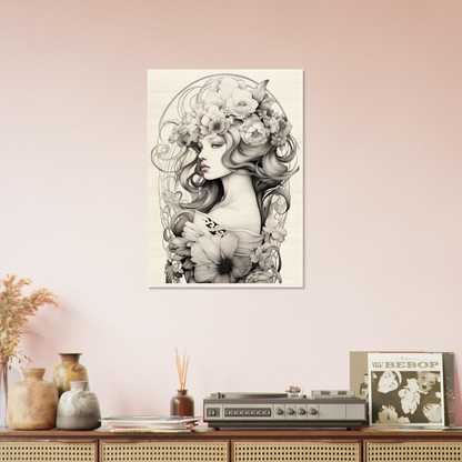 Framed black and white illustration of a woman with flowing hair and floral elements.