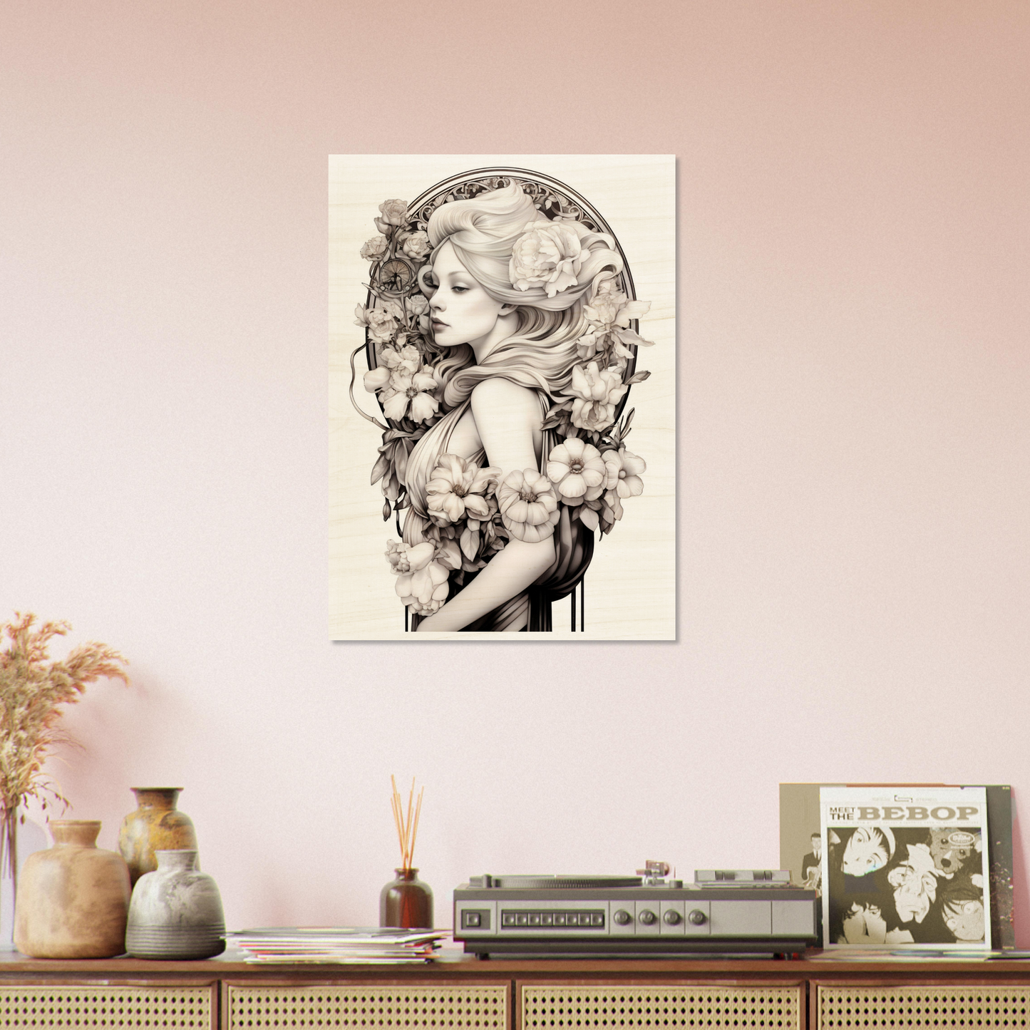 Black and white portrait of a woman surrounded by flowers, displayed as wall art.