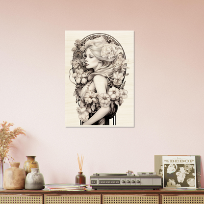 Black and white portrait of a woman surrounded by flowers, displayed as wall art.