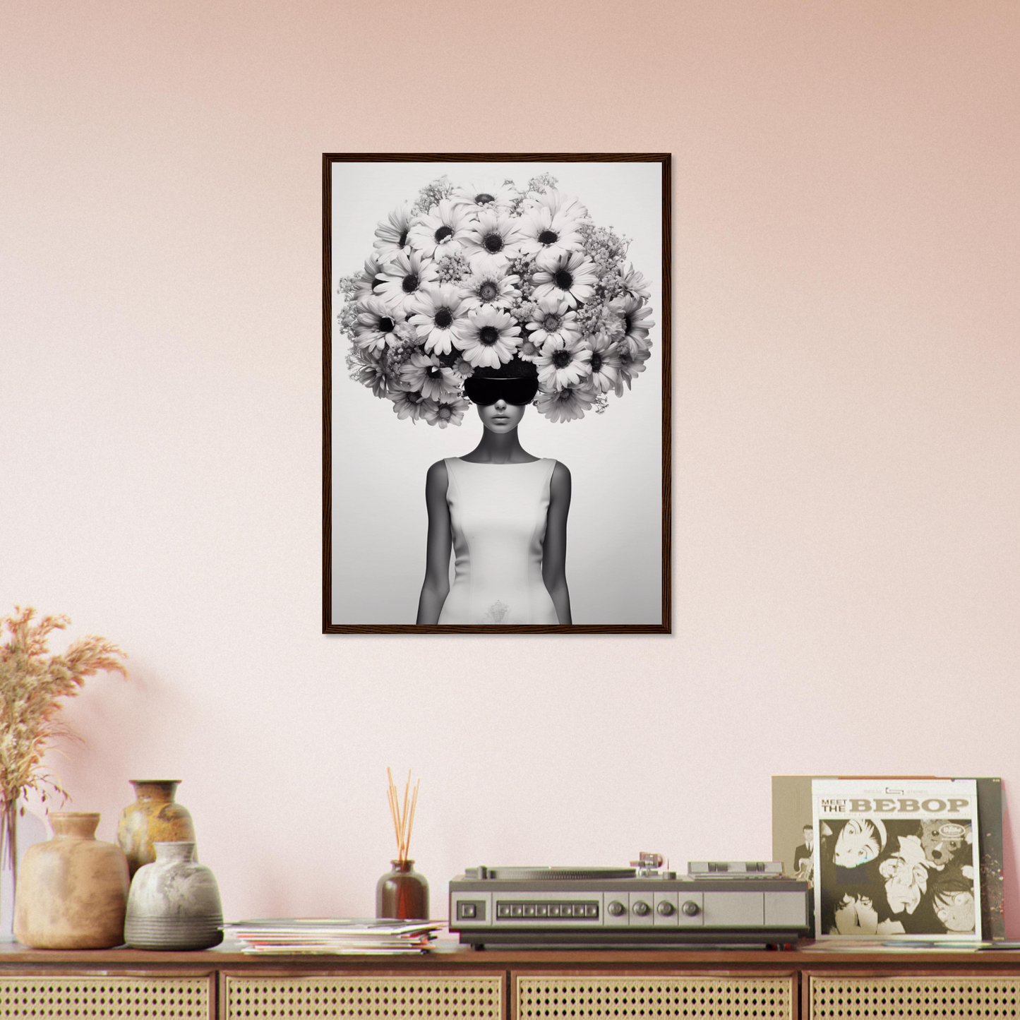 A high quality Afro Flower Power The Oracle Windows™ Collection of a woman with flowers on her head, perfect to transform your space into fashionable wall art.