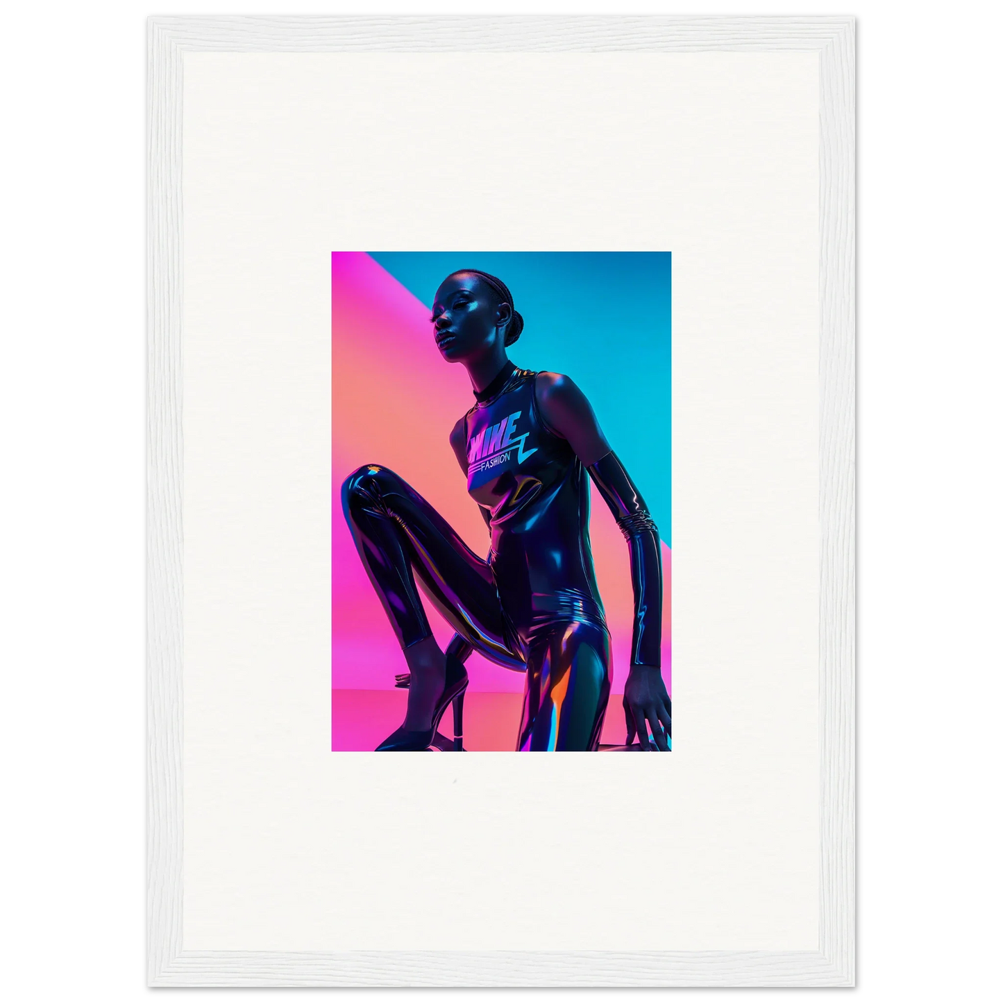 Metallic humanoid figure in neon lighting for Reflections Neon Symphony wall art