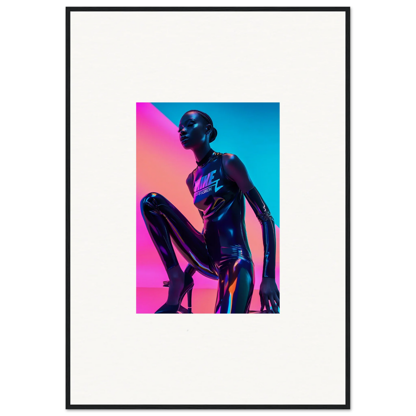 Metallic humanoid figure in crouched pose, vibrant colors for Neon Symphony wall art