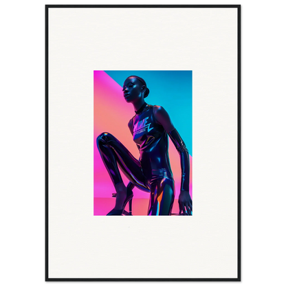 Metallic humanoid figure in crouched pose, vibrant colors for Neon Symphony wall art