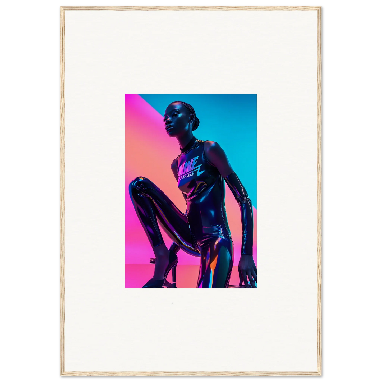 Metallic humanoid figure in crouched pose, vibrant pink and blue neon symphony art