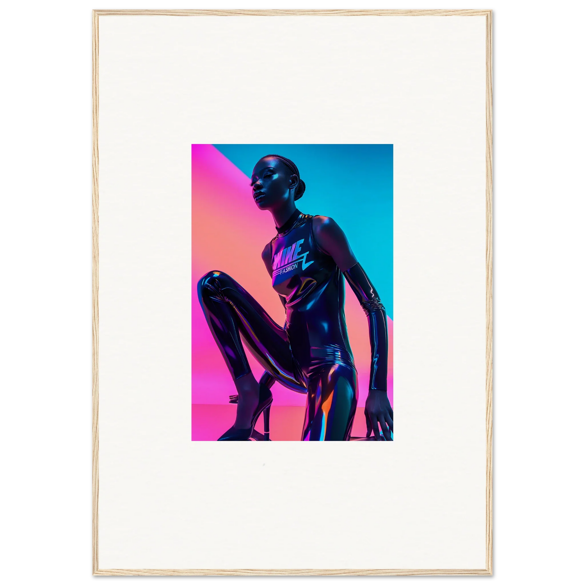 Metallic humanoid figure in crouched pose, vibrant pink and blue neon symphony art