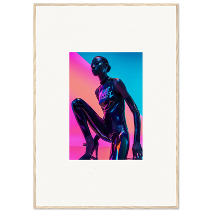 Metallic humanoid figure in crouched pose, vibrant pink and blue neon symphony art