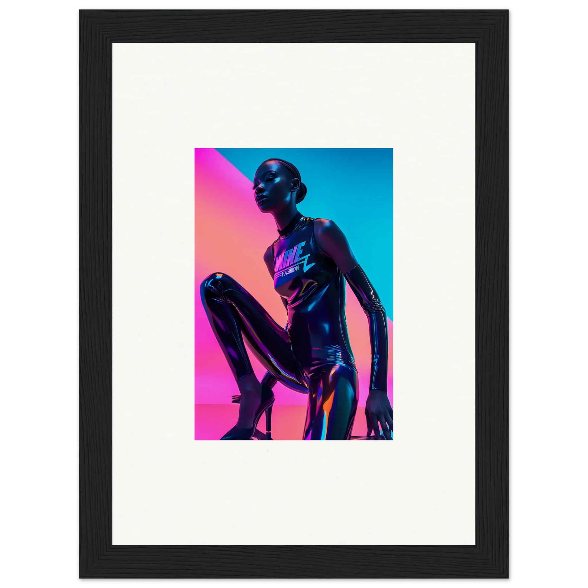 Metallic humanoid figure in crouched pose in vibrant pink and blue for Neon Symphony wall art