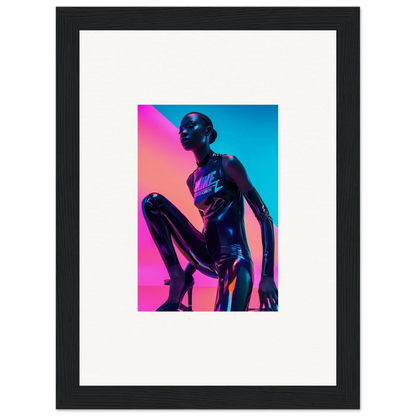 Metallic humanoid figure in crouched pose in vibrant pink and blue for Neon Symphony wall art