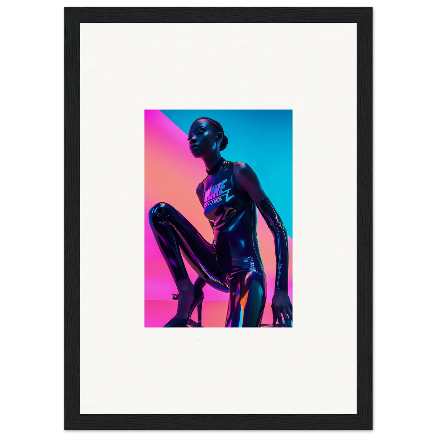 Metallic humanoid figure in neon symphony lighting, striking framed wall art for room decor