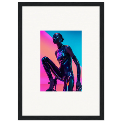 Metallic humanoid figure in neon symphony lighting, striking framed wall art for room decor