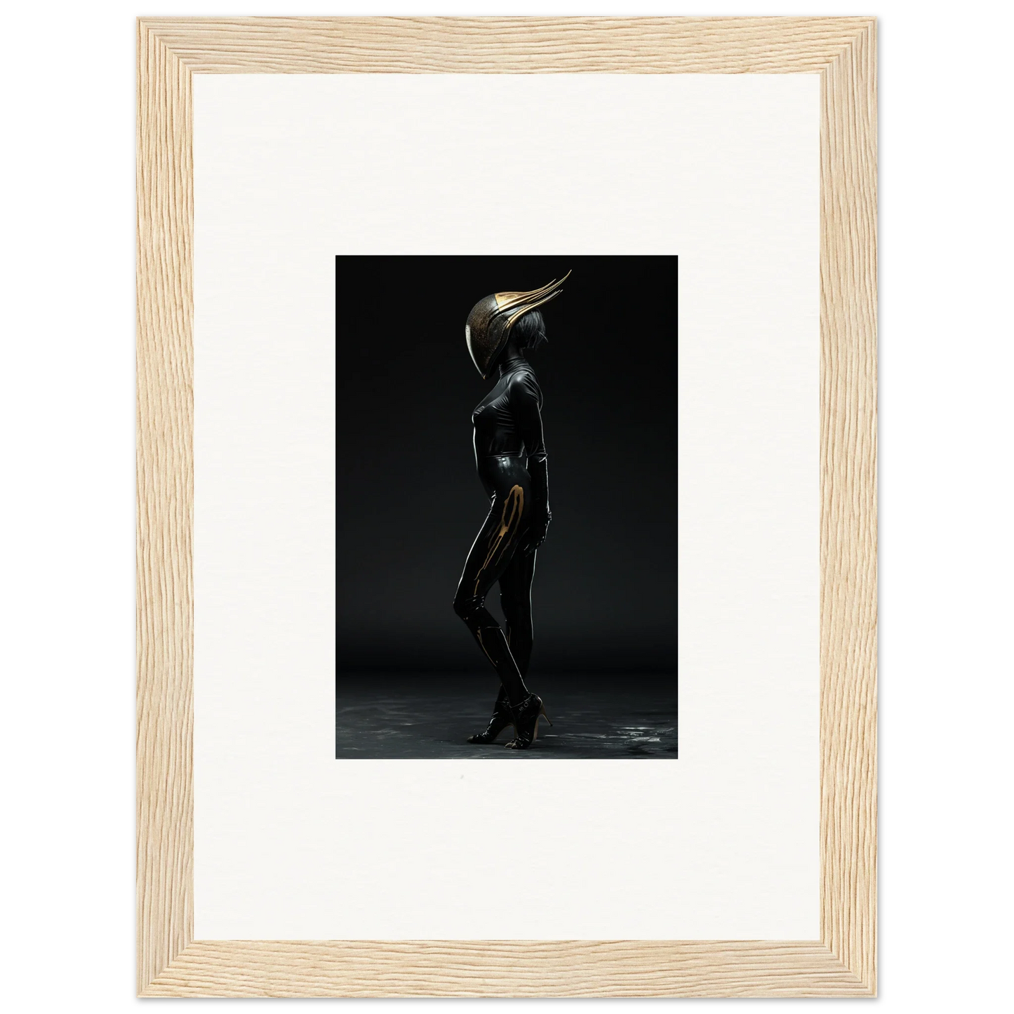 Metallic humanoid figure with beak-like head for unique room decor and framed wall art