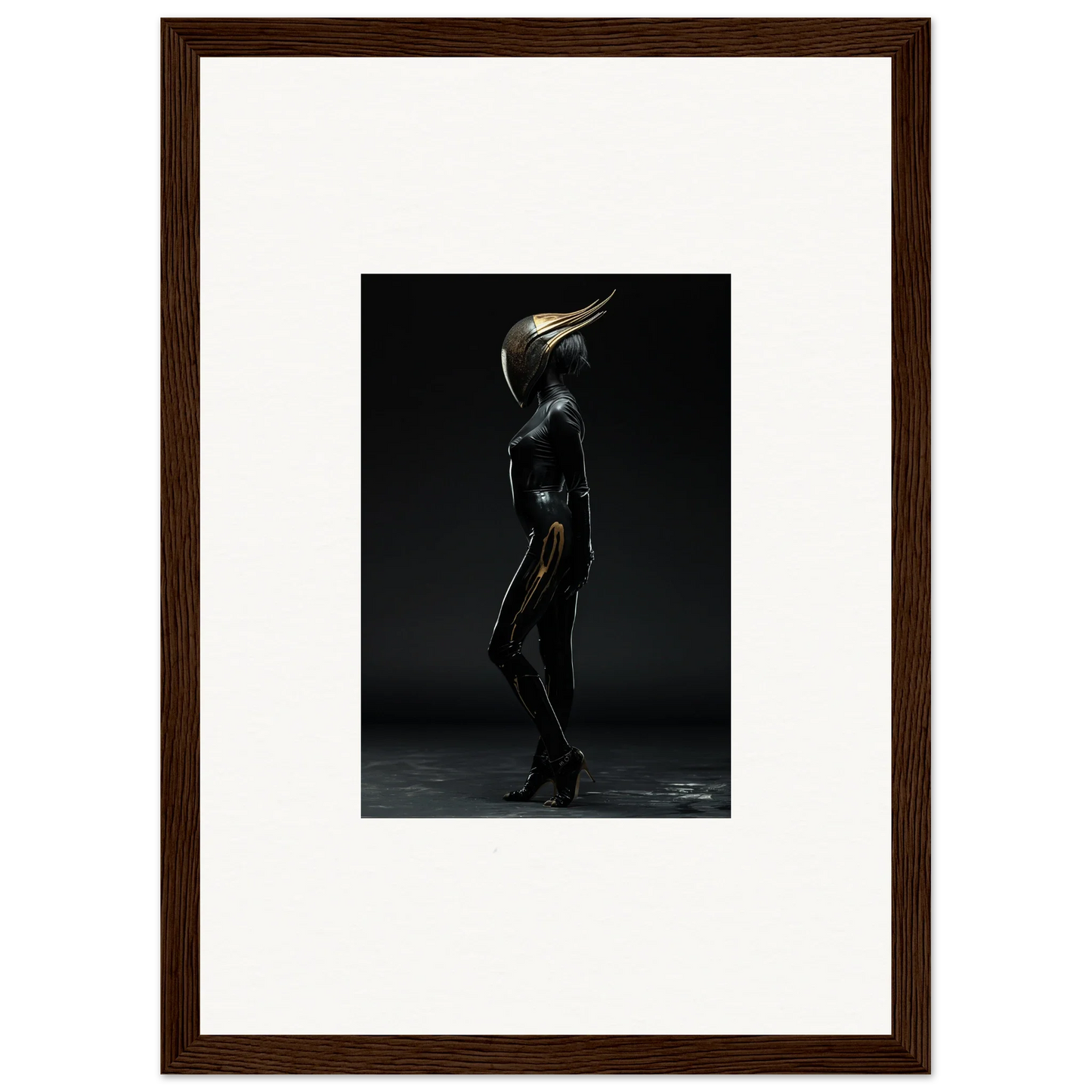 Metallic humanoid figure with beak-like head for unique room decor and framed wall art