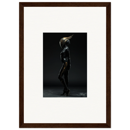 Metallic humanoid figure with beak-like head for unique room decor and framed wall art