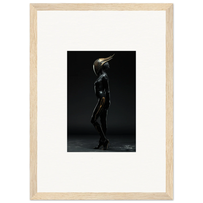 Metallic humanoid figure with beak-like head for unique room decor in framed wall art