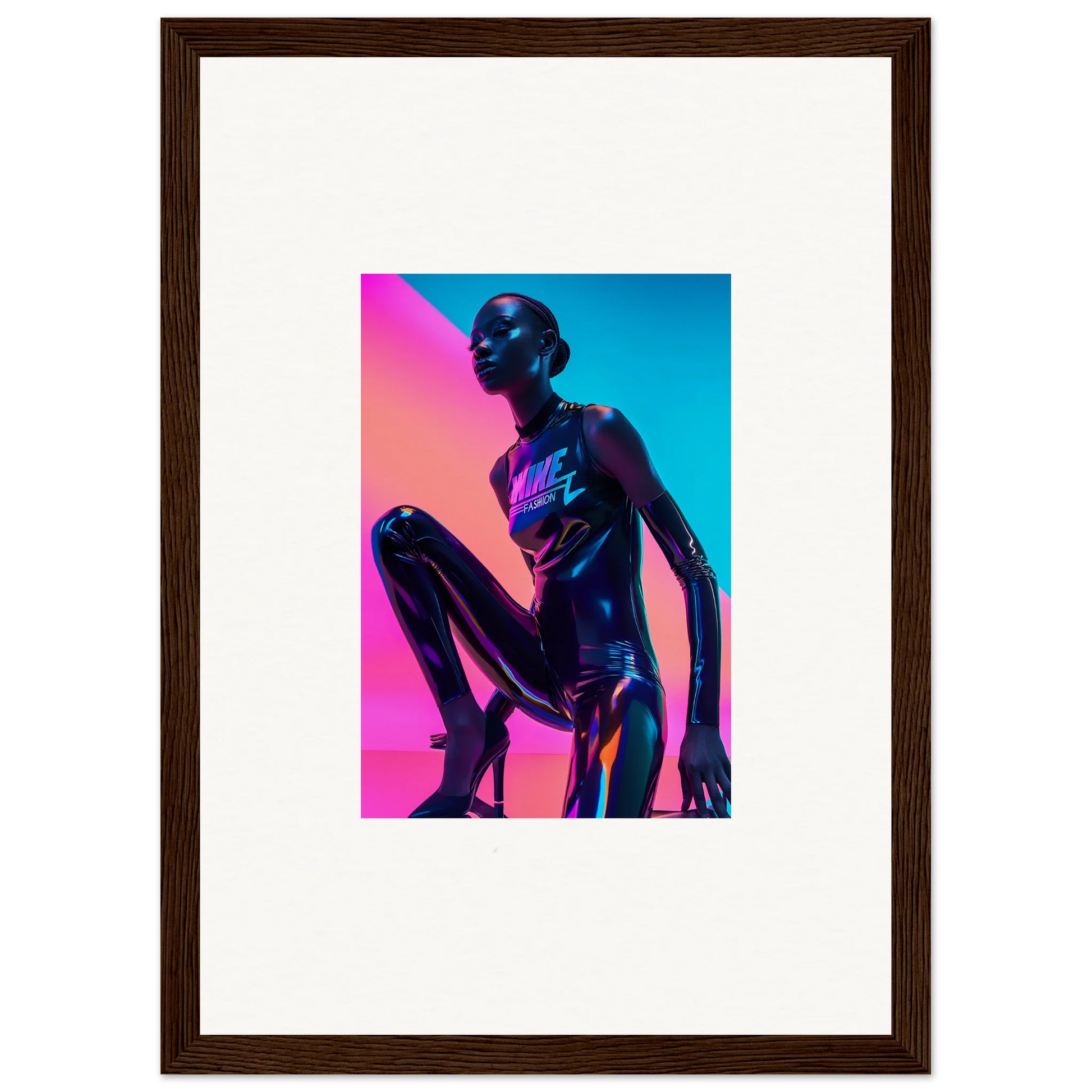 Metallic humanoid figure in blue and pink lighting for Neon Symphony wall art decor