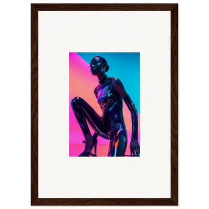 Metallic humanoid figure in blue and pink lighting for Neon Symphony wall art decor