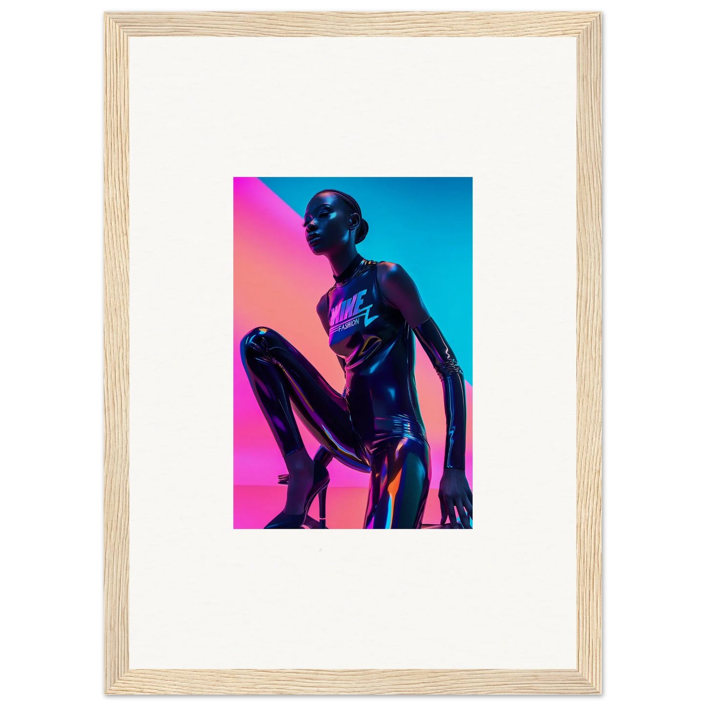 Metallic humanoid figure in vibrant blue and pink lighting framed wall art for neon symphony room decor