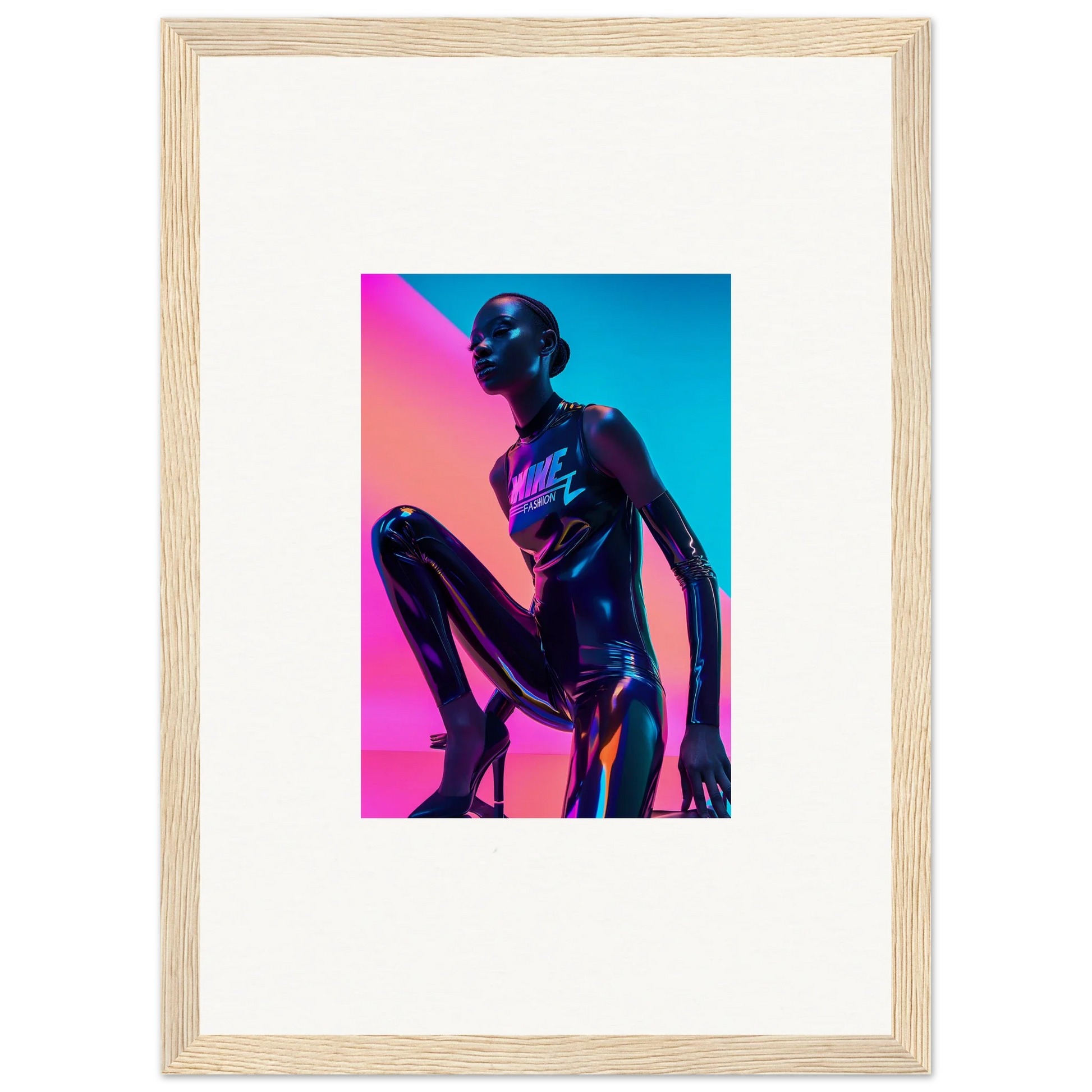 Metallic humanoid figure in vibrant blue and pink lighting framed wall art for neon symphony room decor