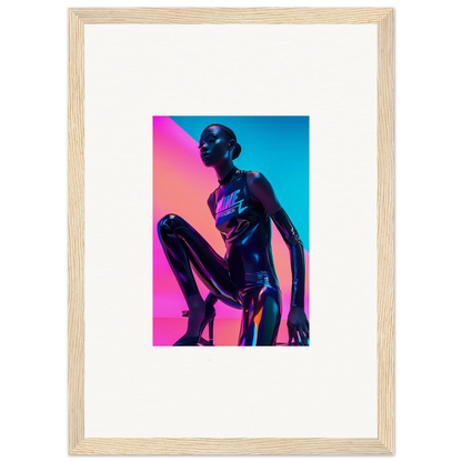 Metallic humanoid figure in vibrant blue and pink lighting framed wall art for neon symphony room decor