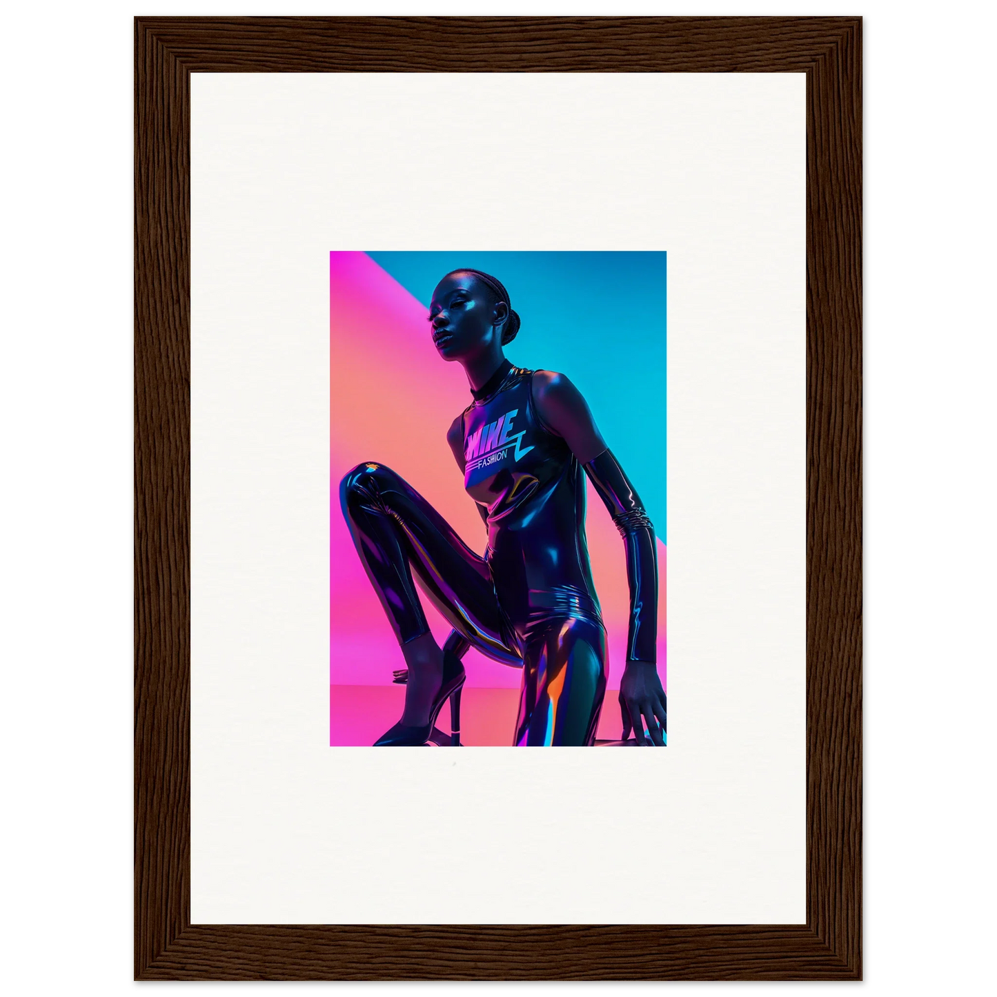 Metallic humanoid figure with vibrant lighting in Neon Symphony framed wall art