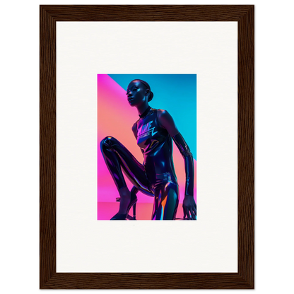 Metallic humanoid figure with vibrant lighting in Neon Symphony framed wall art