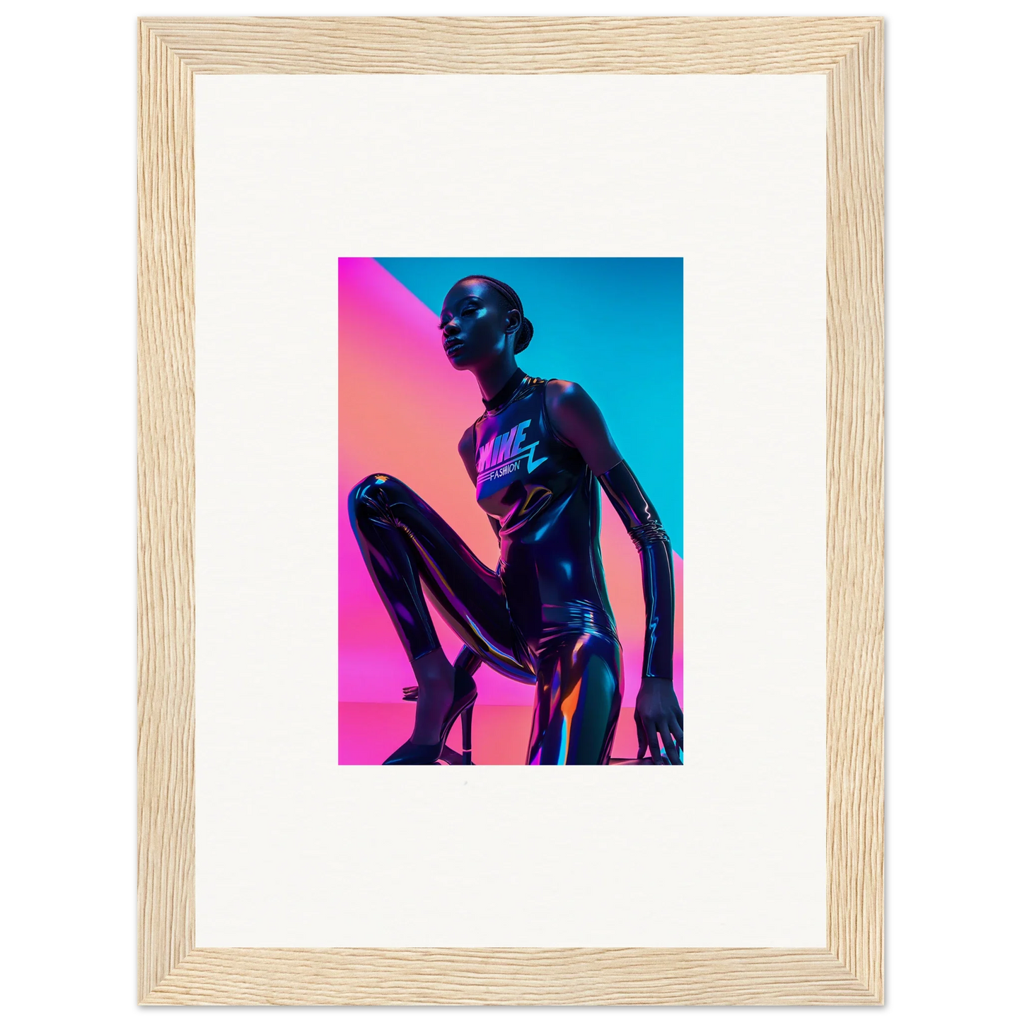 Metallic humanoid figure in vibrant pink and blue lighting for Neon Symphony room decor