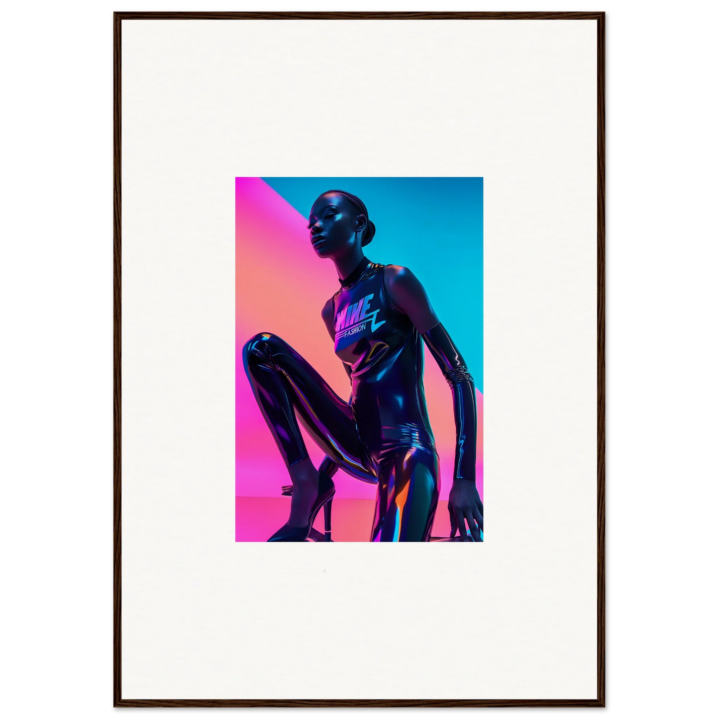 Metallic humanoid in neon blue and pink, ideal for Neon Symphony room decor