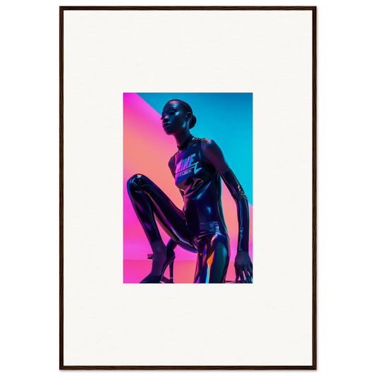 Metallic humanoid in neon blue and pink, ideal for Neon Symphony room decor