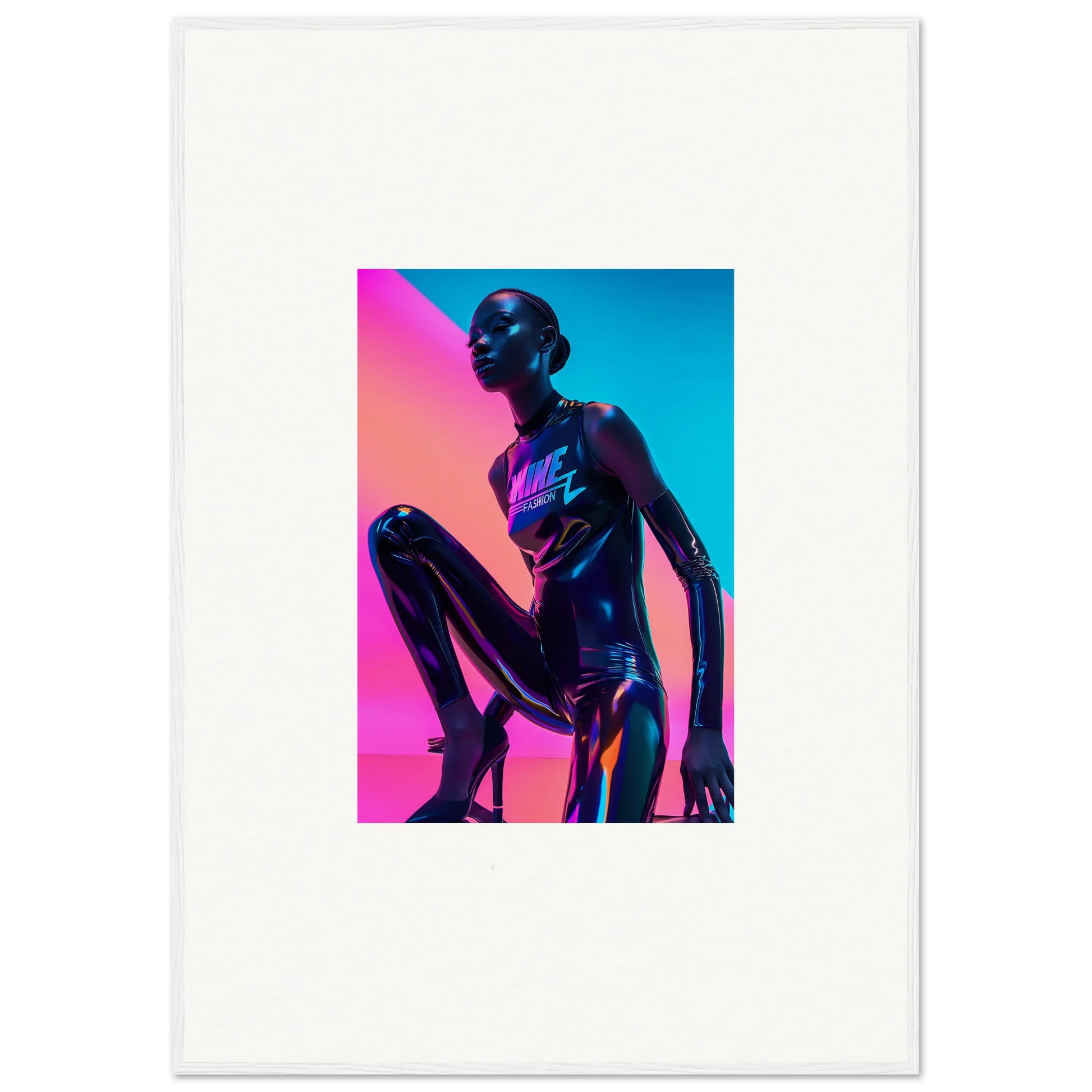 Metallic humanoid figure in vibrant pink and blue lighting for Neon Symphony room decor