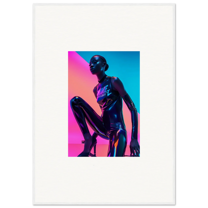 Metallic humanoid figure in vibrant pink and blue lighting for Neon Symphony room decor