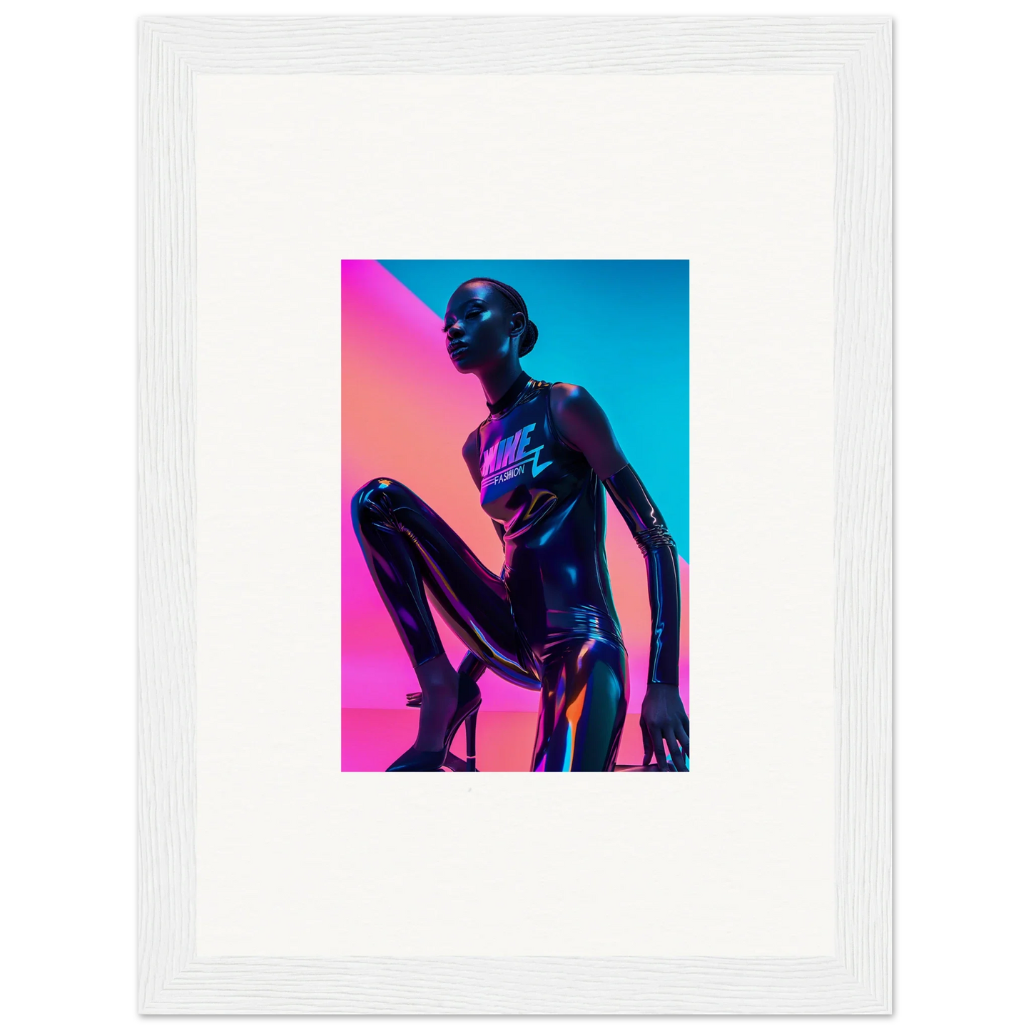 Metallic humanoid figure in crouching pose, vibrant lighting for Neon Symphony room decor