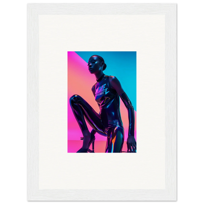 Metallic humanoid figure in crouching pose, vibrant lighting for Neon Symphony room decor