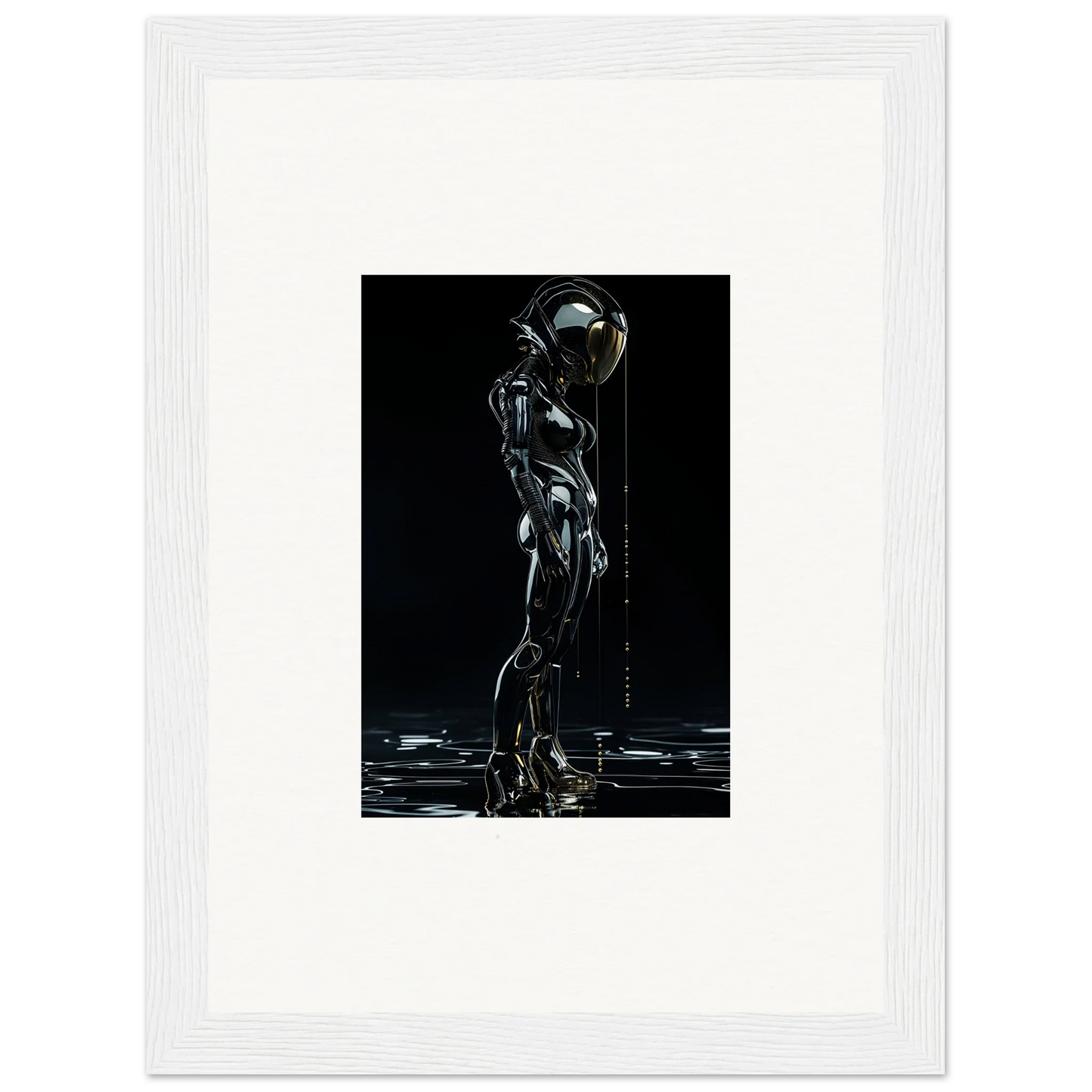 Metallic humanoid figure as framed wall art, perfect for modern room decor