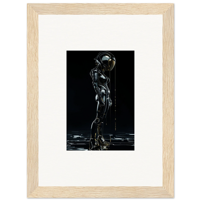 Metallic humanoid figure in dark space, ideal for unique room decor or framed wall art